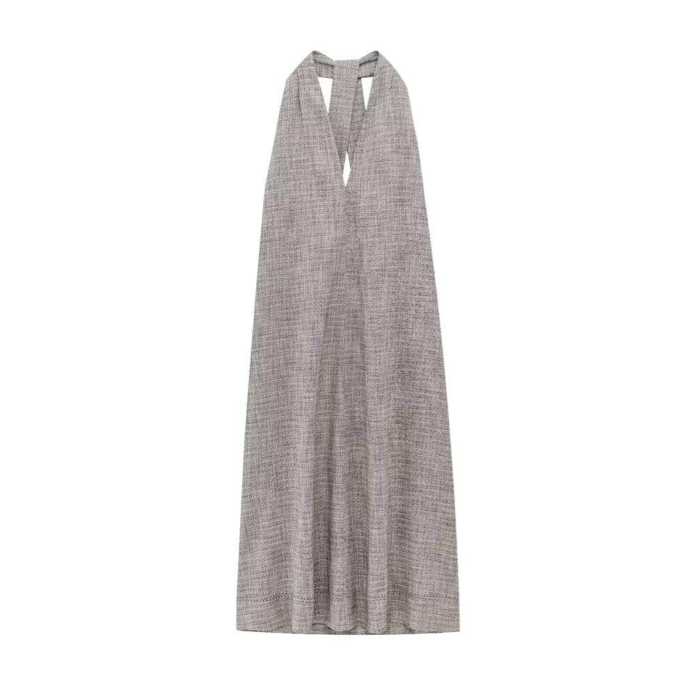 

2025 Spring/Summer Women s V-Neck Halter Tie Backless Sleeveless Midi Dress L