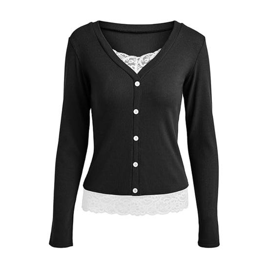 Women Tops V Neck Long Sleeve Lace Splicing Fake Two-Piece Design Blouse Slim Fit Casual Tops Work Party Date Daily Wear