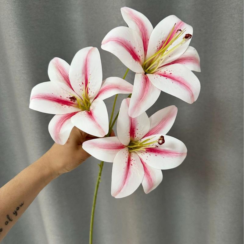 5 Stück künstlicher Lilienblütenzweig drei Köpfe 3D-Druck Latex-Lilie