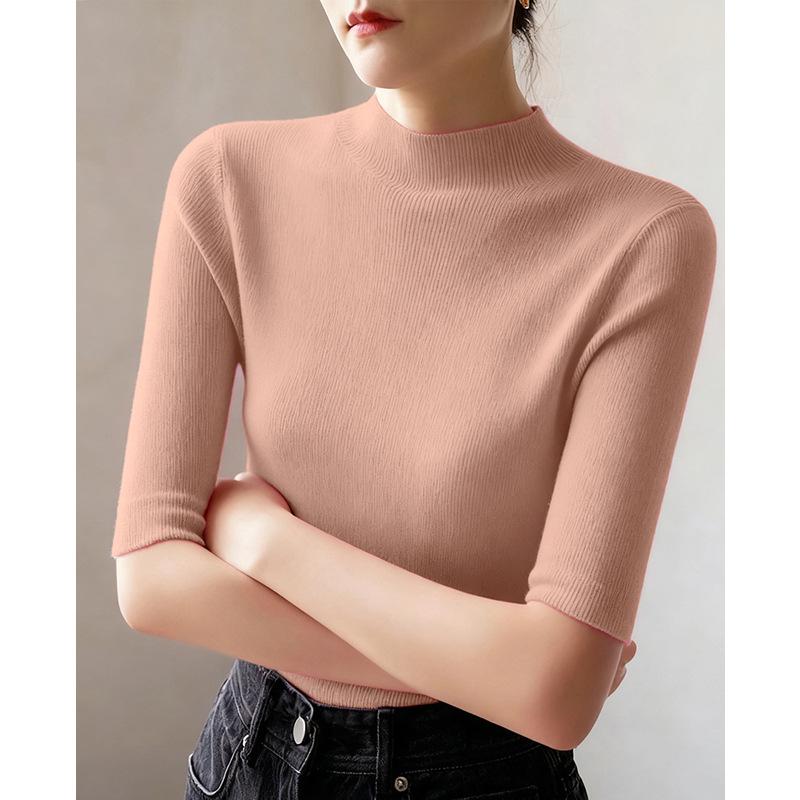 Women Mock Neck Pullover Five‑Quarter Sleeve Slim Knit Sweater Solid Color Basic Undershirt S‑3XL