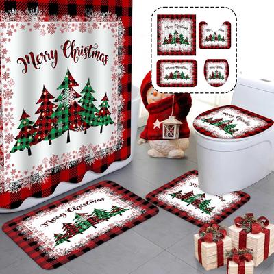 4Pcs Bathroom Shower Curtain Set Merry Christmas Red Buffalo Plaid Bathroom Curtain With 12 Hooks Non Slip Rugs Toilet Cover Mat Bathroom Partition