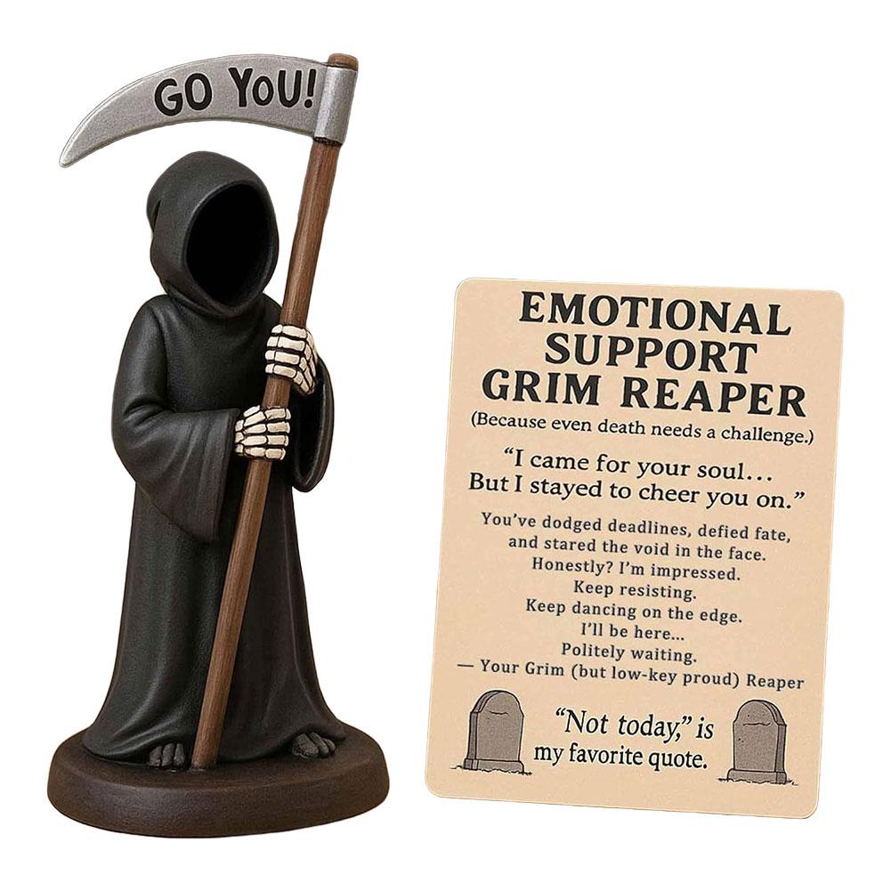 Emotional Support Grim Reaper Figurine with Support Card Gothic Skeleton Statue Desktop Ornament for Halloween Home Office Decor