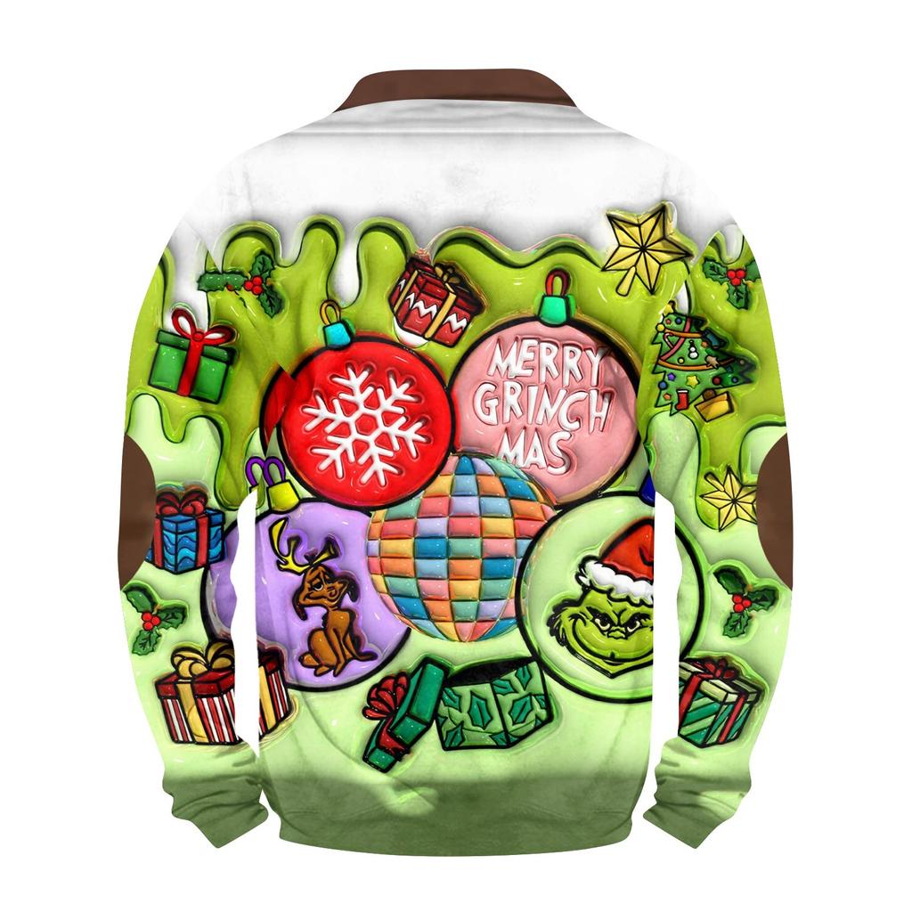 Men's Vintage Green Christmas Casual Three-dimensional Printed Zip-up Sweatshirt Pullover