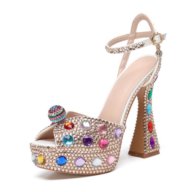 Luksusowe Kolorowe Cyrkonie Damskie Sandały Gladiatora Seksowne Paski na Kostkę Platformy Koturny Wysokie Obcasy Letnie Buty na Imprezę Prom