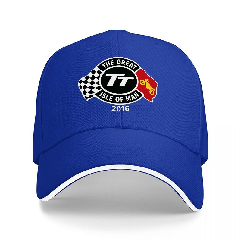 TT Isle of Unisex  Racing Logo Black Baseball Cap with Checkered Flag Design and White Trim for Motorsport Fans