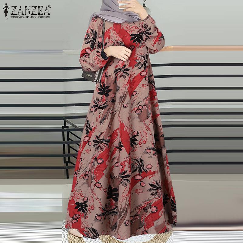 ZANZEA Women Casual O-neck Long Sleeve Print Long Dress