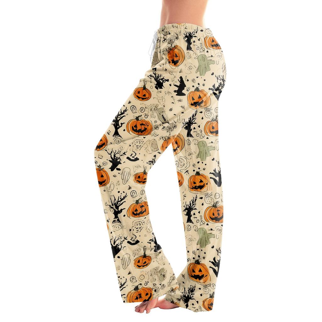 Damen Halloween Print Kordelzug Hose Lässige Lounge Hose Elastische Taille Entspannte Passform Volle Länge Weicher Stoff