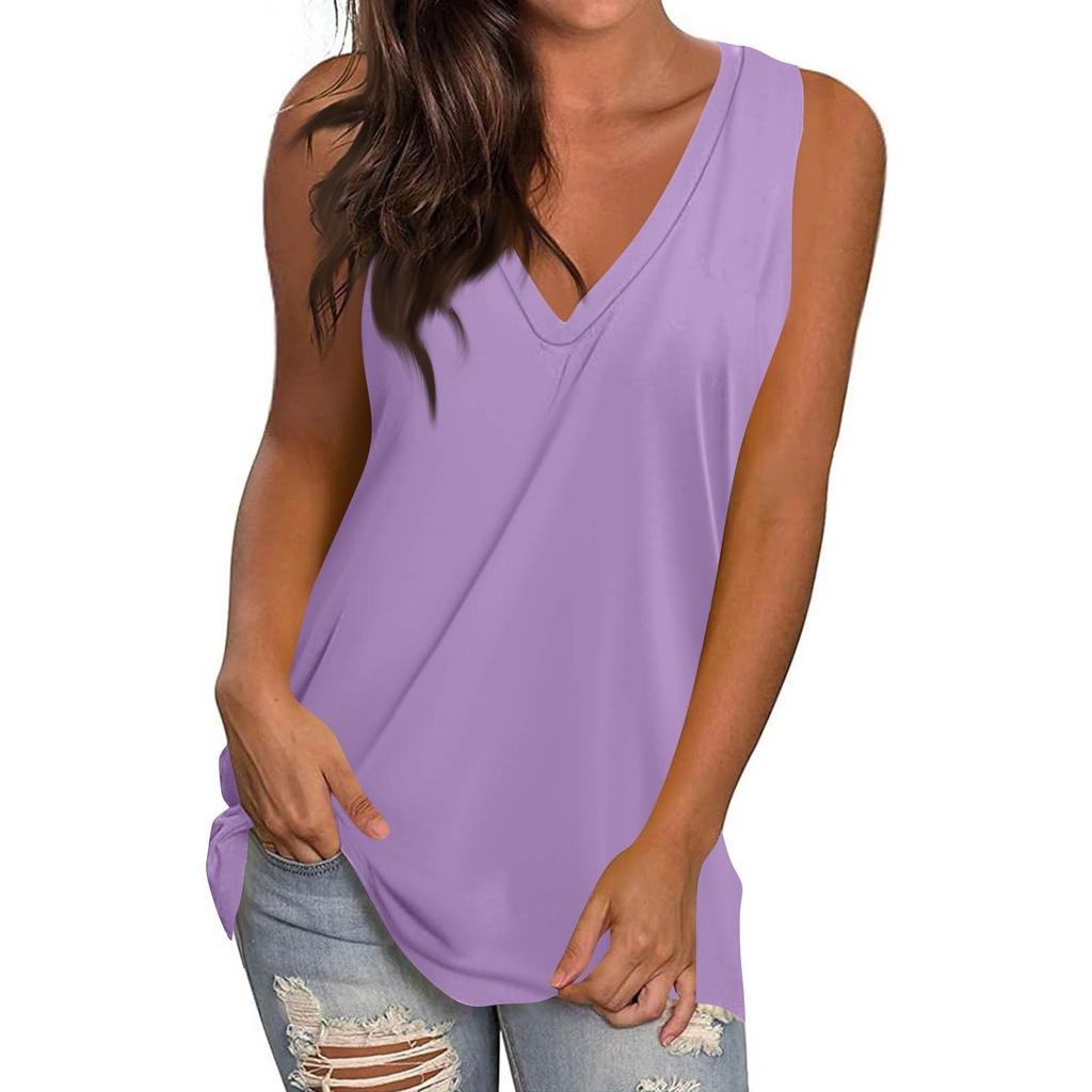 Women's Casual Fashion V-Neck Sleeveless Top Solid Color Vest T-Shirt
