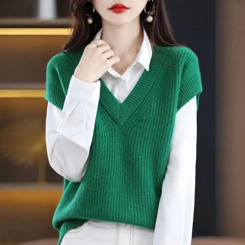 Autumn Winter Knitted Vest Women V Neck Shirt Loose Versatile Sleeveless Knitted Sweater Pullover