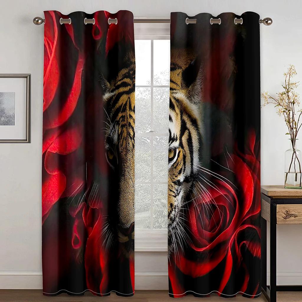Blue Wolfs Animals Rose Leopard Two Drape Thick Window Curtains for Living Room Bedroom Decor Tiger Pattern High Shading Drape