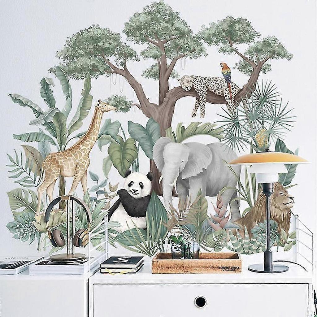 Animals Plants Wall Stickers,Cartoon Elephant Giraffe Plant Wallpaper Decor for Kids Bedroom Decor