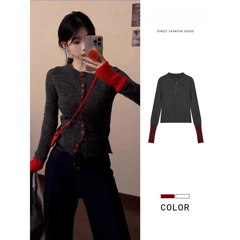 Design Button-knitted Cardigan Sweater Women's Inner 2025 Spring Slim-fitting and Thin Cuffs Contrasting Color Long-sleeved Top