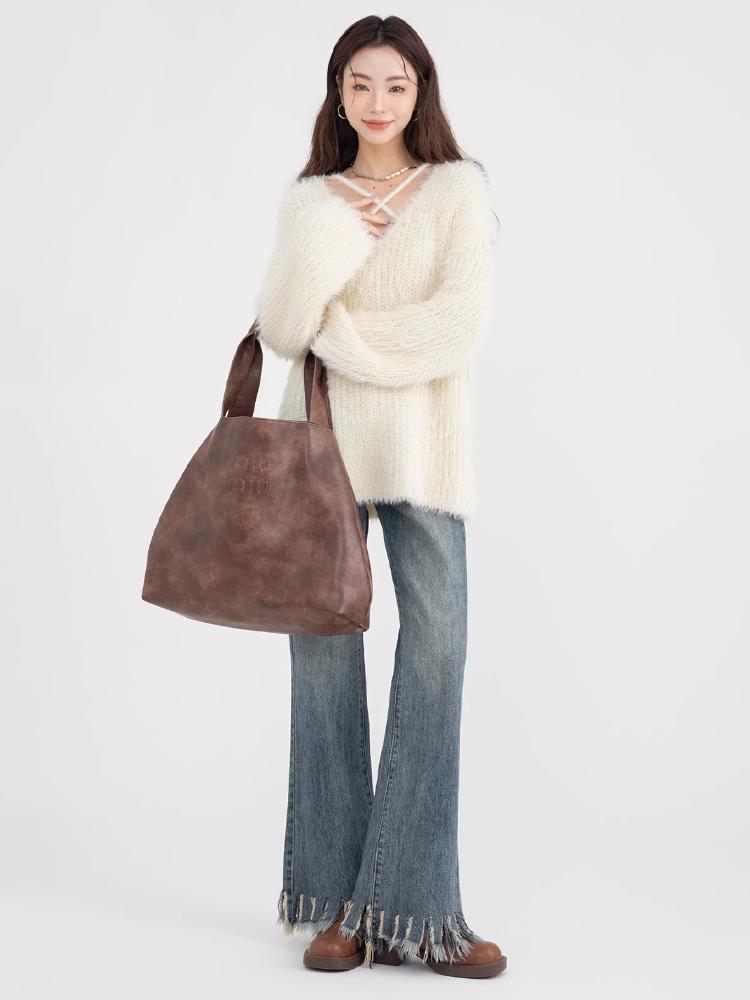 Zimowy sweter z dekoltem w serek dla kobiet Delikatne paski Luźny Słodki Leniwy Styl Pulower Dzianina Irregularny Japoński Styl Moda Dzianinowy Top