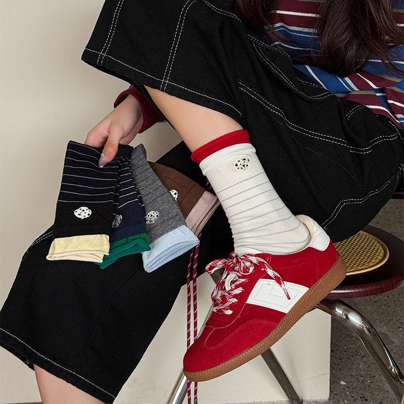 Contrasting Socks, Socks, Korean Maillard, Curled Hemming, Double Luo Mouth, Cartoon Embroidery, Boneless Cotton Piled Socks