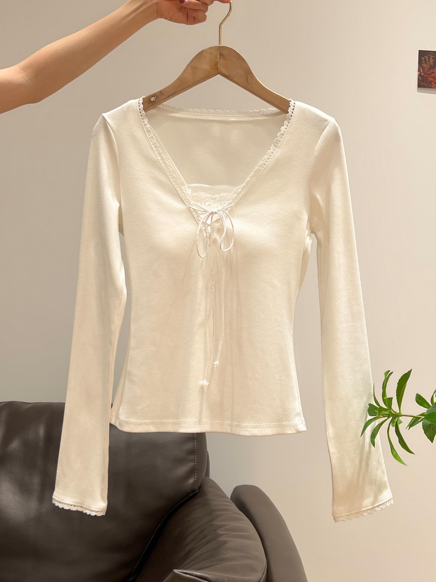 

Pure desire wind V-neck lace bow long-sleeved T-shirt inside women s spring slim-fitting bottoming shirt unique temperament top S белый