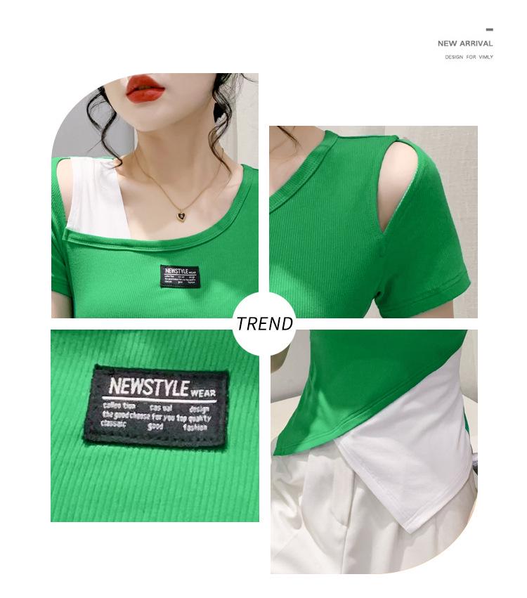 2023 European Style Slim Fit Off-Shoulder Hollow-Out Irregular Hem Color Block T-Shirt