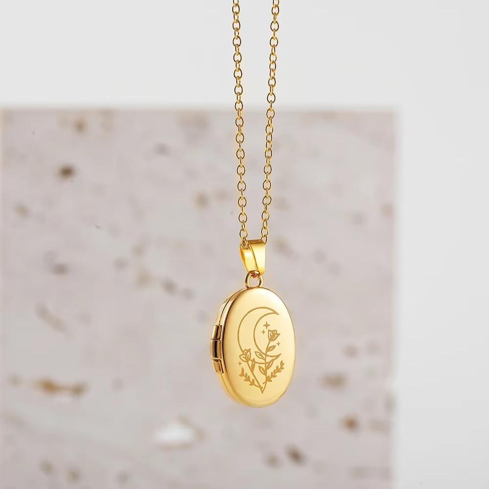 

Stainless Steel Oval Photo Pendant Necklace Gold Color Locket Necklace for Women Engraved Openable Picture Frame Jewelry Gift
