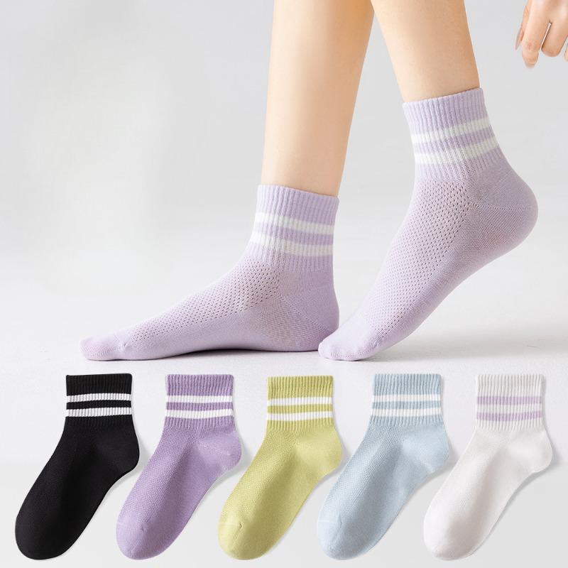 Pure Cotton Women's Spring and Summer Mid-calf Socks, White Striped Mesh Breathable Antibacterial Socks, Boneless Socks, All-cotton Socks