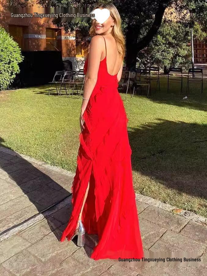 European-American Backless Spaghetti Strap Wave Slim-Fit Slit Maxi Dress