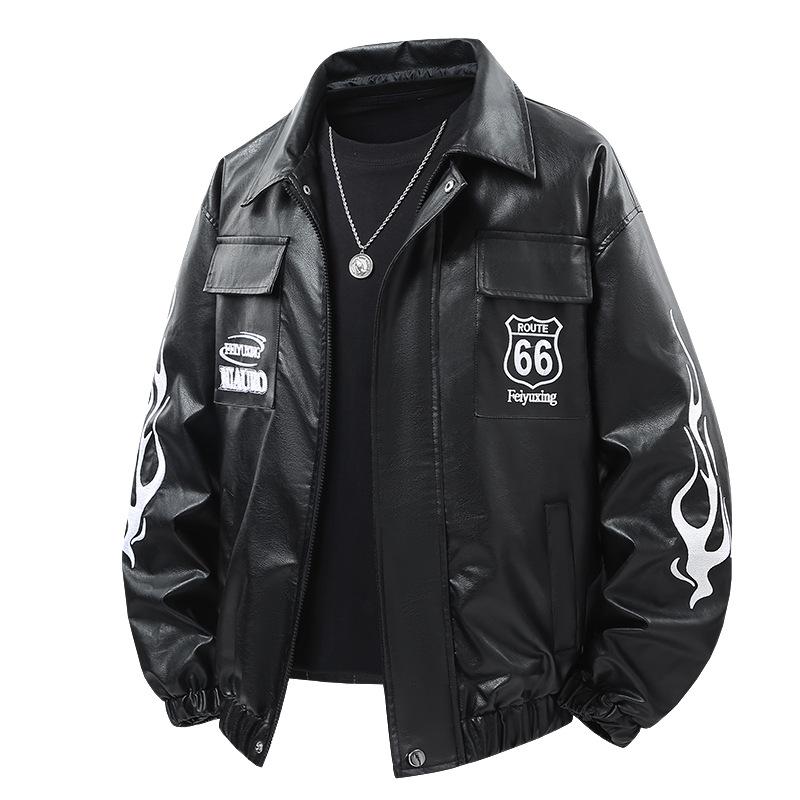 

Motorcycle Service Mens Loose Fit High-end PU Leather Outerwear Fashion Casual Slim Fit Turn-down Collar Jacket S чёрный