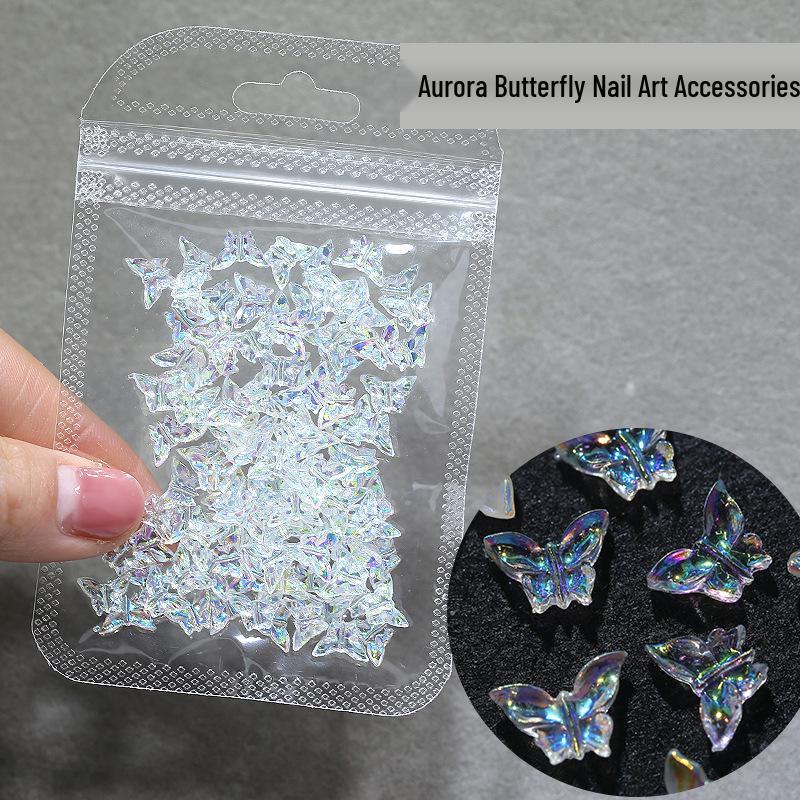 100pcs Iridescent Japanese Aurora Butterfly Nail Art Charms Resin Rhinestones Accessories