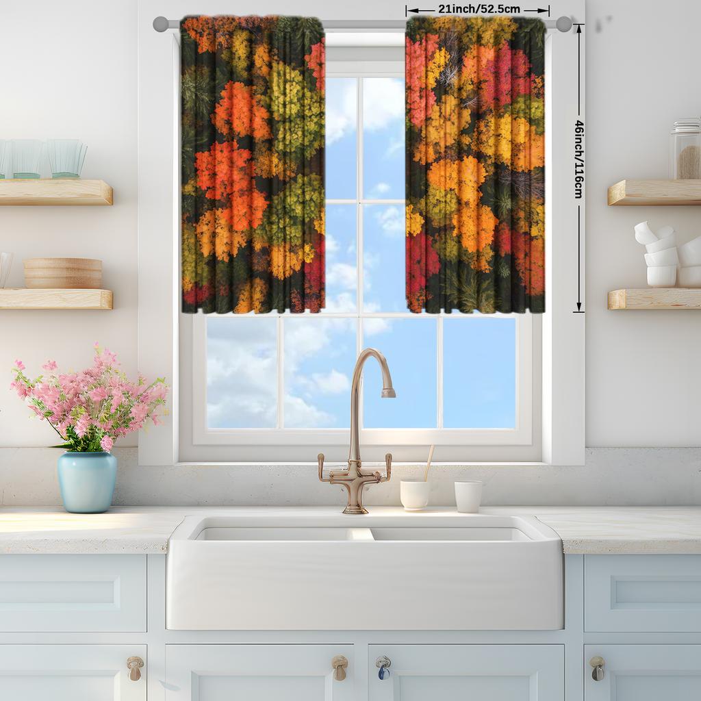2pcs Autumn Red Leaf Forest Printed Curtain for Home Decor - Rod Pocket Window Treatment for Bedroom, Office, Kitchen