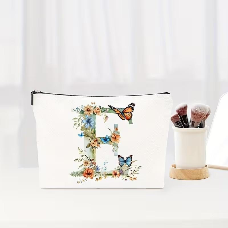 Letter Floral Pattern Zipper Cosmetic Bag Portable Travel Makeup Pouch Multifunctional Toiletry Wash Storage Bag for Women Daily Vacation Organizer