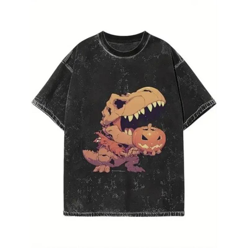 

European Size Men s Vintage Washed T-Shirt - Tyrannosaurus Rex and Pumpkin Print Retro Streetwear, Loose Fit All-Season Casual Tee, Machine Washable S чёрный
