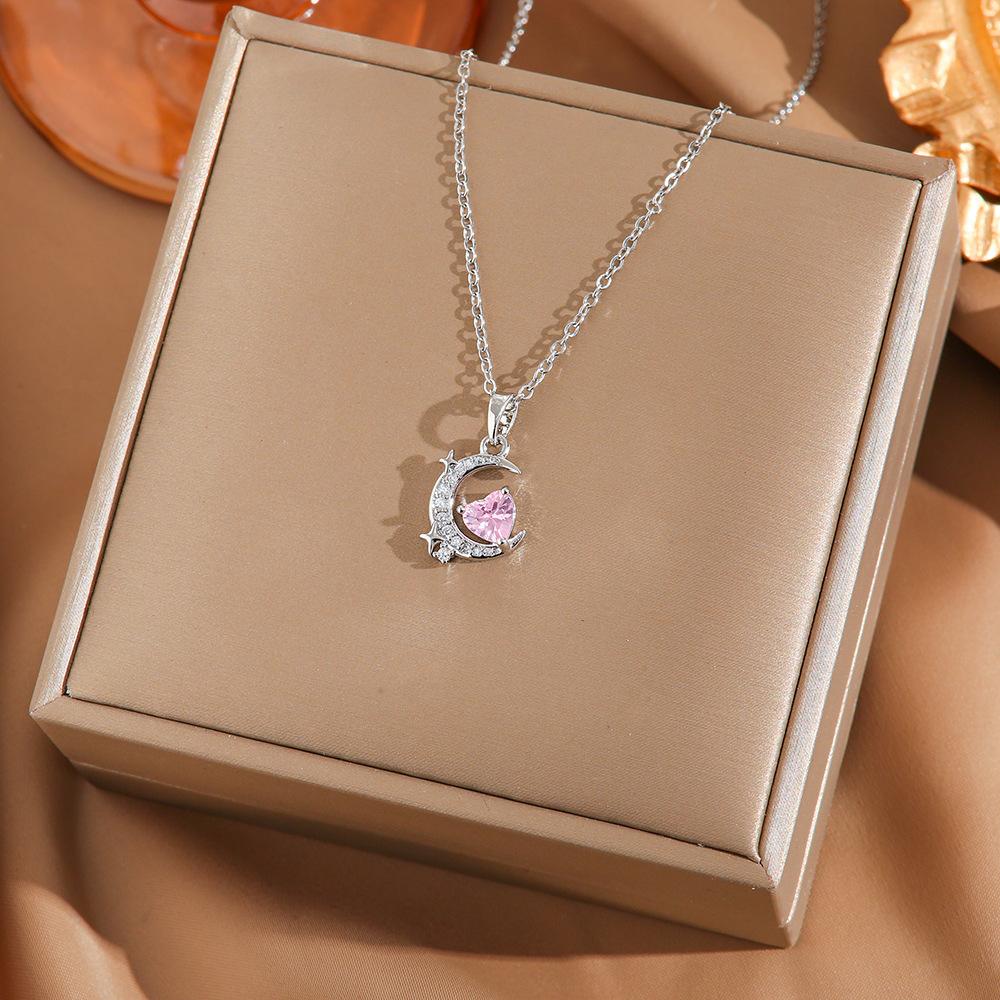 [Micro-Set Pink Zircon Titanium Steel Necklace Sweet Light Luxury Fashion Choker Jewelry]