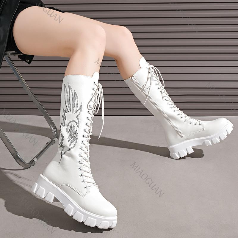 Fashion Embroidered Boots for Women 2025 Autumn New Thick-soled High-top Knee High Boots Retro Round Toe Long Platform Botas Femenina