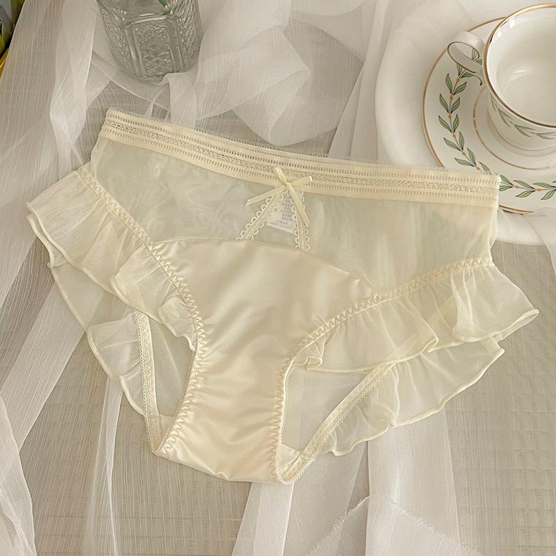 Ladies Spring and Summer Cute Sexy Sweet Lace Patchwork Ice Silk Gauze Mid Waist Panties