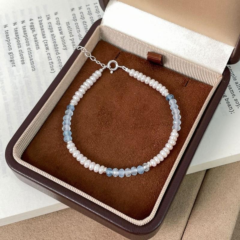 Handmade Sterling Sea Blue Topaz Bracelet With Freshwater Pearl Stackable Design Women Ins Style