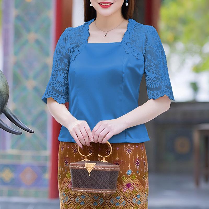 ZANZEA Women Square Neck Casual Lace Splice Half Sleeve Satin Blouse