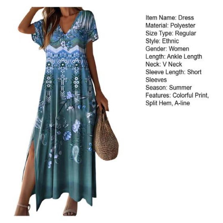 Summer Women Dress Retro Ethnic Style V Neck Short Sleeves Loose A-line Colorful Print Soft Beach Vacation Maxi Dress Ankle Length Side Split