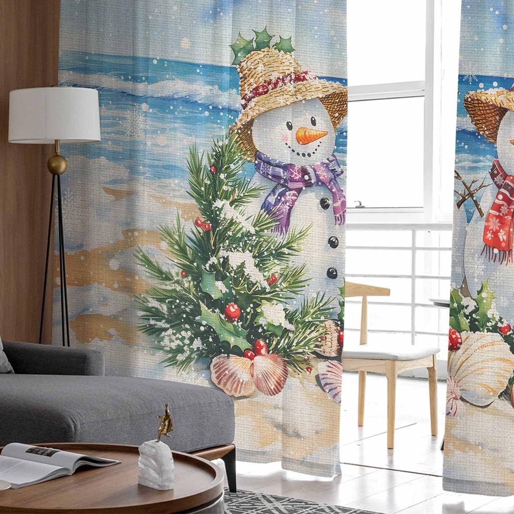 Jul Vinter Strand Snögubbe Gardiner För Vardagsrum Sovrum Heminredning Fönster Voile Tyllgardin Draperier