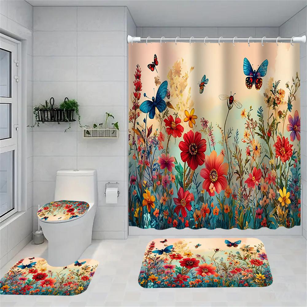 1/4 Flowers and Plants Print Shower Curtains, Toilet Seat Decoration, Shower Curtain with Carpet and Toilet Lid, 70.8x70.8 Inch