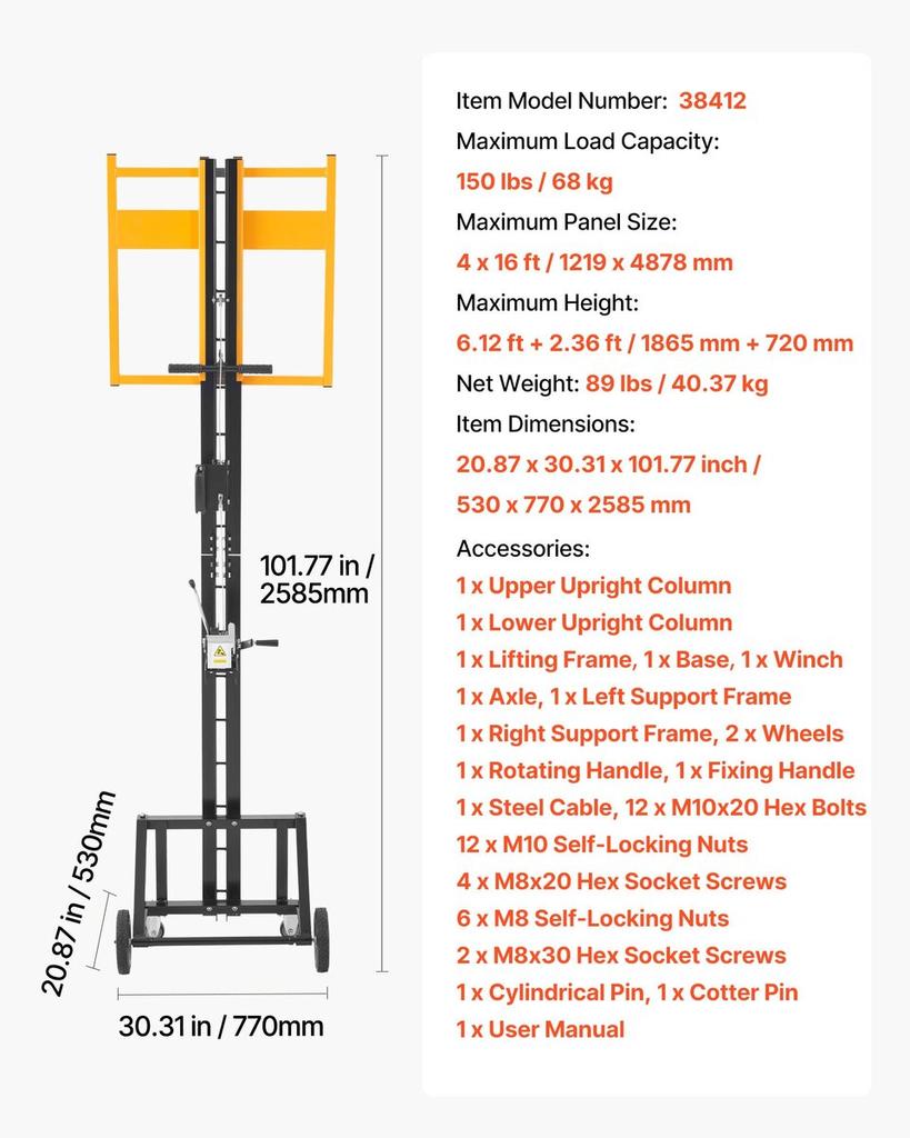 Sollevatore per Cartongesso, Paranco Robusto da 68 kg per Lastre di Cartongesso per Installazione a Soffitto e Parete, Installazione di Cartongesso da Parte di Una Persona, Max 1219x4878 mm. Pannello Verticale
