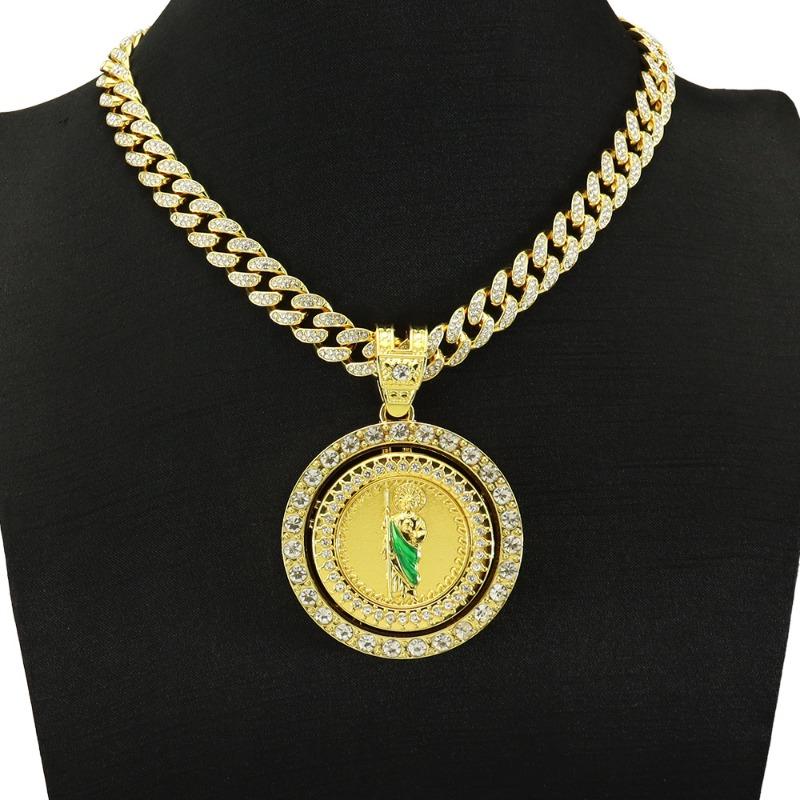 Hip Hop Tide Men's and Women's Diamonds Rotatable Religious St. Jude Statue Pendant Cuban Chain Necklace Accessories