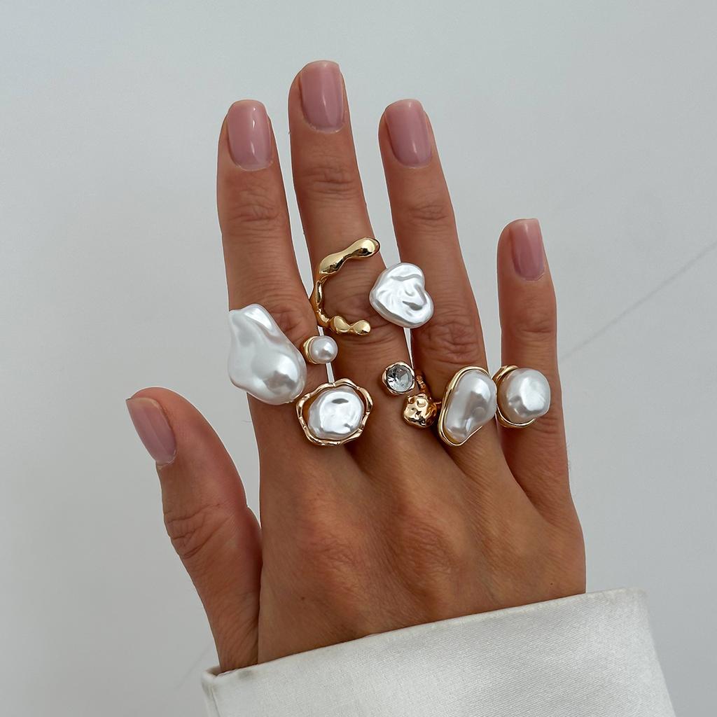 Design Sense Liquid Metal Glossy Ring Set, Baroque Imitation Pearl Open Ring
