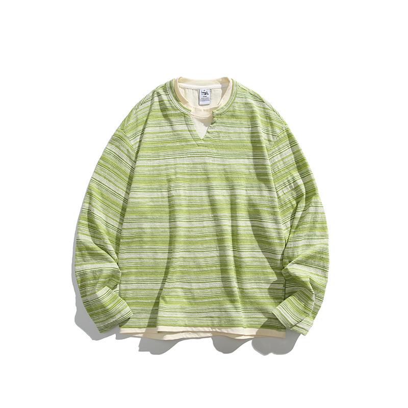 Spring Unisex Striped Sweatshirt - Fake Two-Piece, Loose Fit, Round Neck, Long Sleeve, Japanese Style Color Block XXL