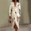 2025 European & American Women's V-neck Long Sleeve Lace-up Print Long Dress