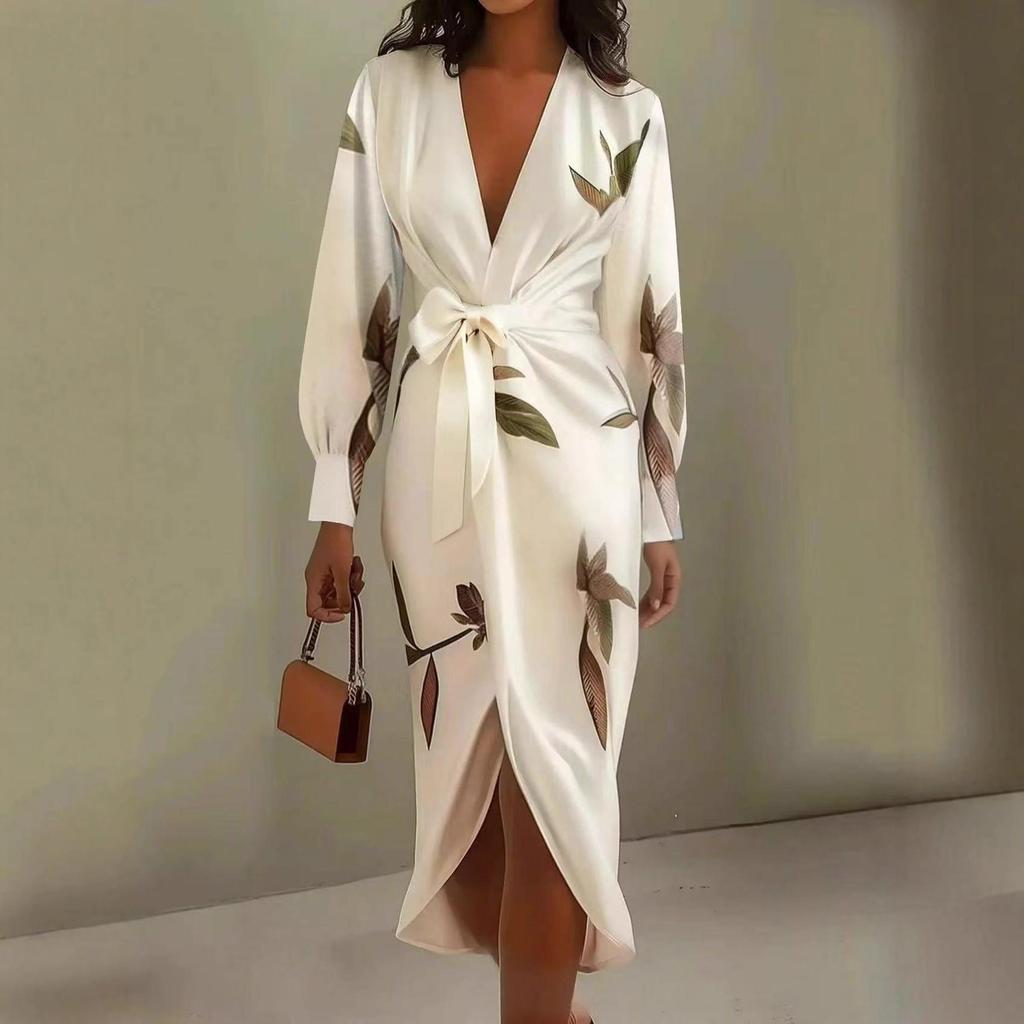 2025 European & American Women's V-neck Long Sleeve Lace-up Print Long Dress