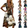 Women's Casual Vintage Floral Print Short Sleeve V Neck Dress Midi Length Lightweight Fabric Comfortable Fit