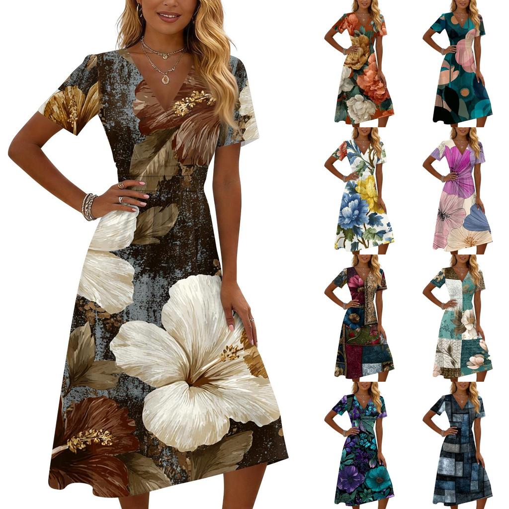 Women's Casual Vintage Floral Print Short Sleeve V Neck Dress Midi Length Lightweight Fabric Comfortable Fit