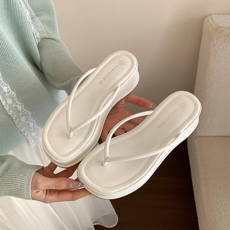 

2025 Summer Women Platform Wedges Heel Flip Flop Fashion Clip Toe Dress Slides Ladies Outdoor Beach Vacation Slippers 39 бежевий