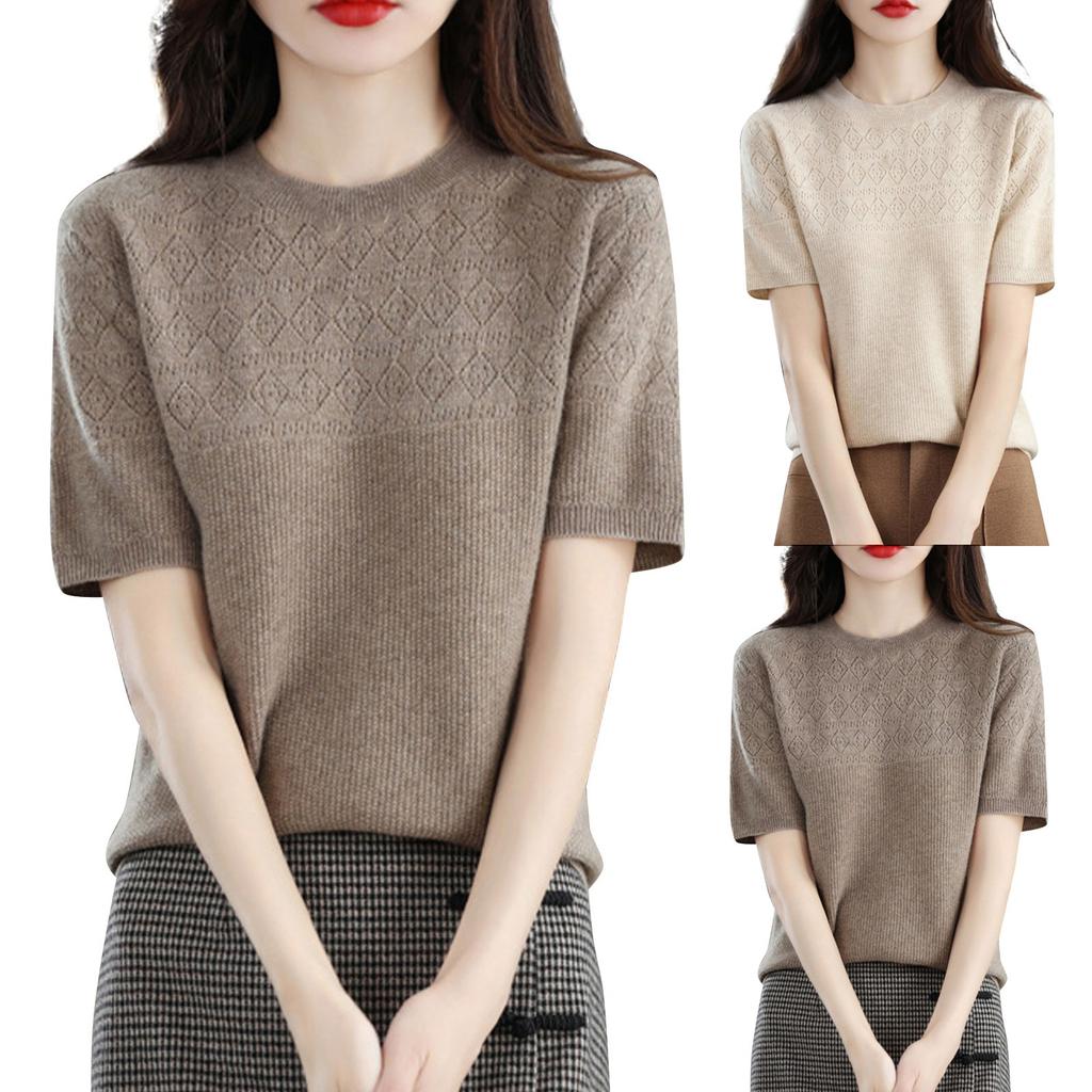 Women's Short Sleeved Knitted Sweater Round Neck Loose Thin Top