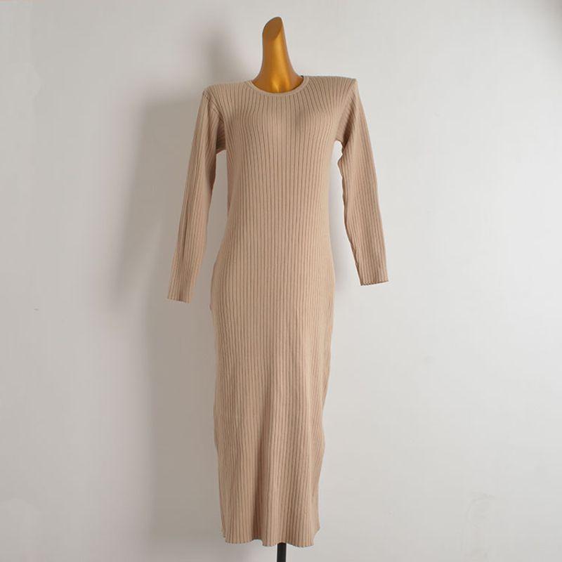 New Arrival Pure Color Round Neck Pullover Long Sleeves Knitting Dress Women's Clothing Fall Slim Fit Slim Looking Below the Knee Long Dress