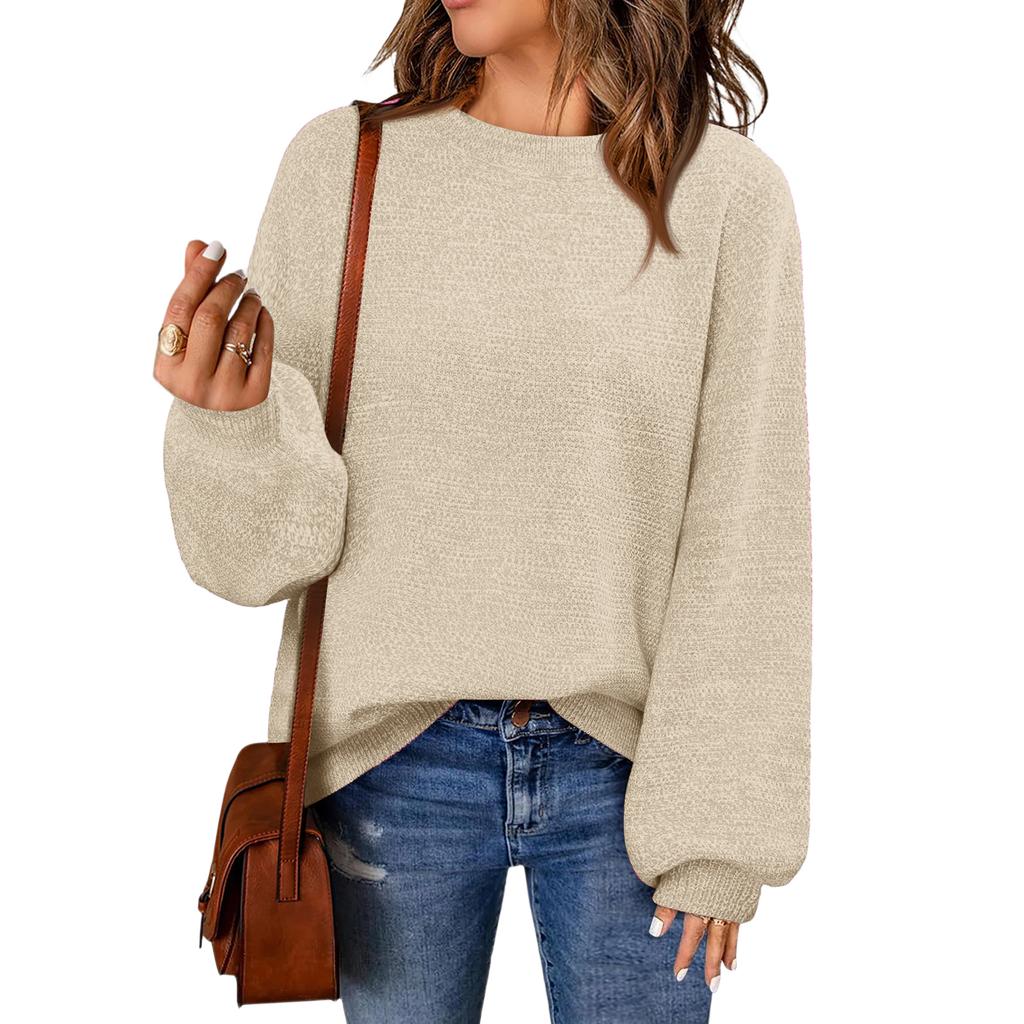 Women's Fashion Round Neck Pullover Sweater Casual Versatile Solid Color Knit Top