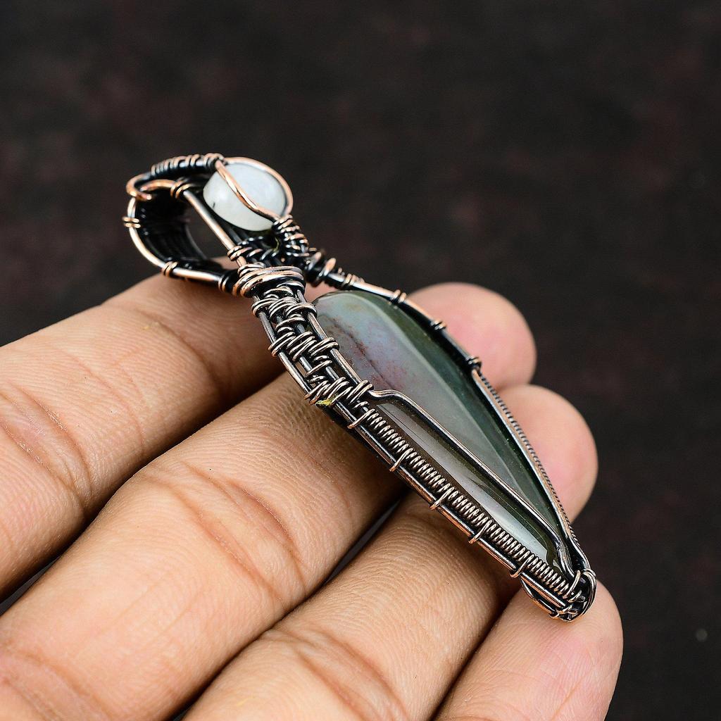 Solar Moss Agate Copper Pendant Copper Wire Wrapped Pendant Gemstone Copper Jewelry Rainbow Moonstone Pendant Handmade Jewelry Gift For Mom
