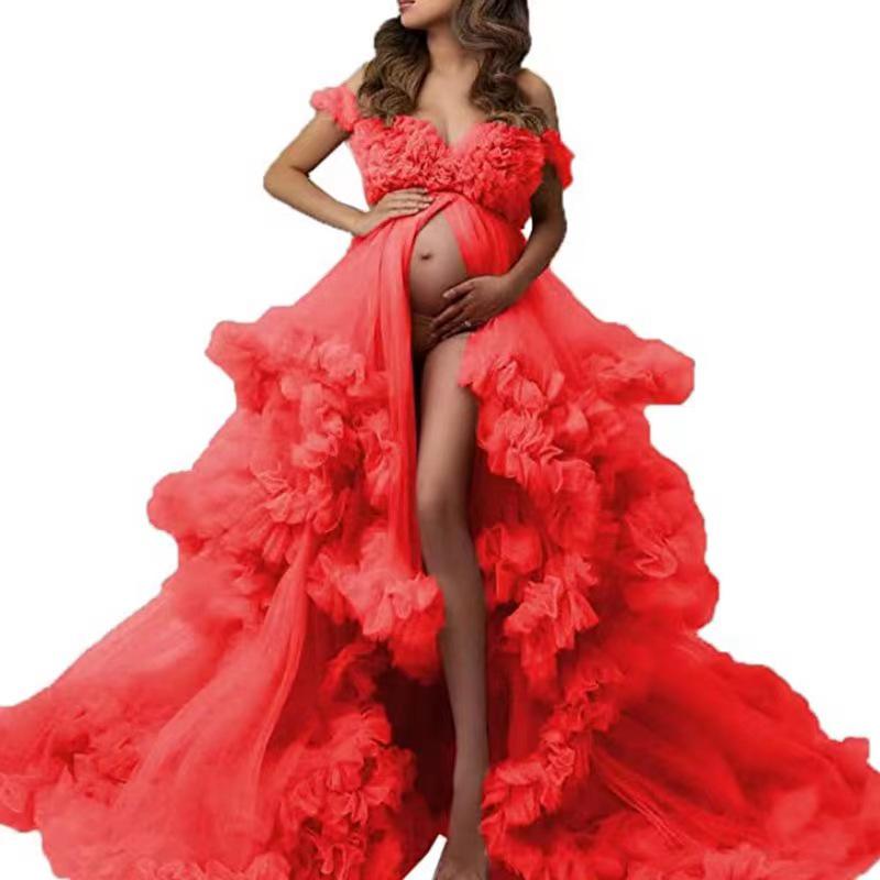 Off-Shoulder High Waist Maternity Gown with Front Slit and Puffy Tulle Skirt